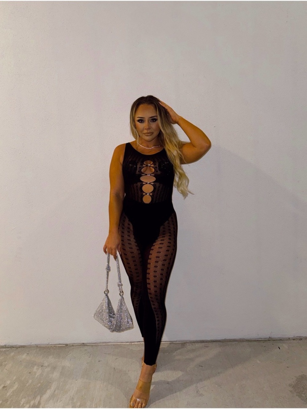 Black Lace-Detail Sheer Jumpsuit